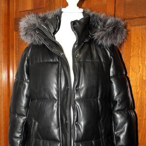 Leather like puffer jacket w/faux fur trimmed hood
